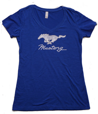 Ford Mustang ladies rhinestone shirt with running horse logo in blue