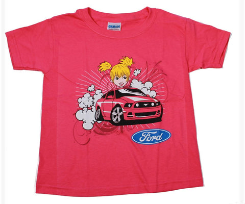 Ford Mustang kids shirt with girl driving in pink
