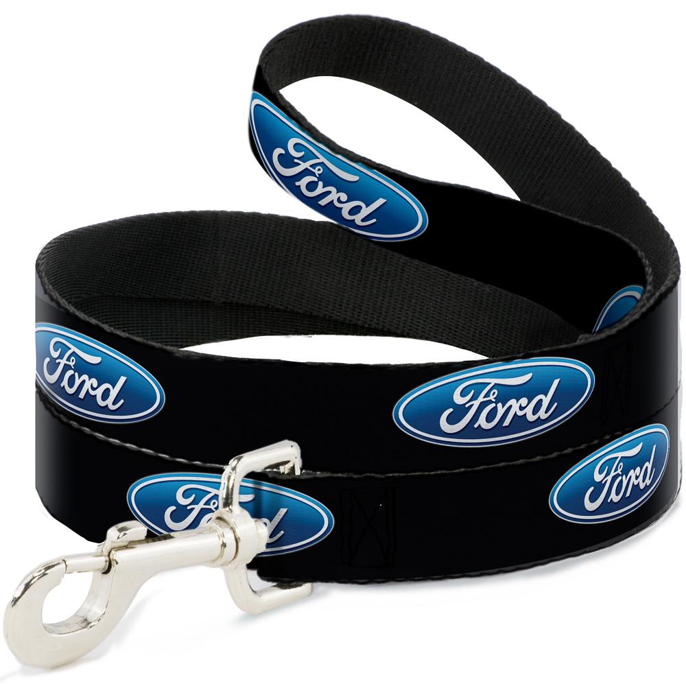 Ford dog leash in black with blue oval