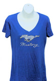 Ford Mustang ladies rhinestone shirt with running horse logo in blue