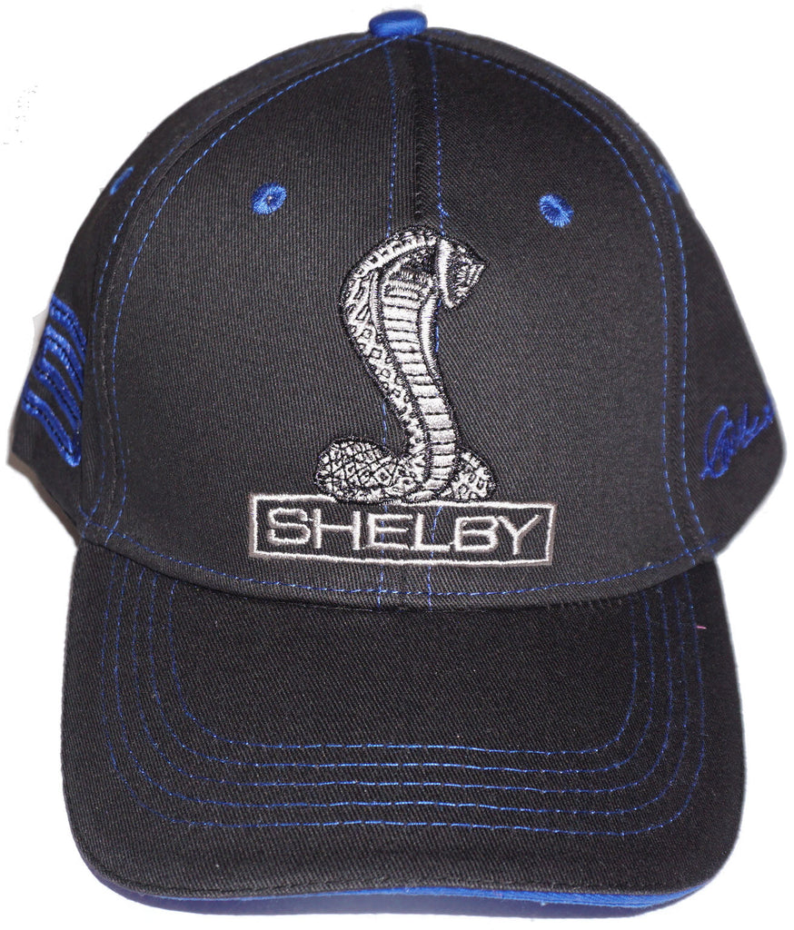 Shelby structured men's hat in black with royal blue pinstripes and trim