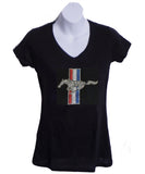 Ford Mustang ladies rhinestone v neck shirt with tri bar logo in black